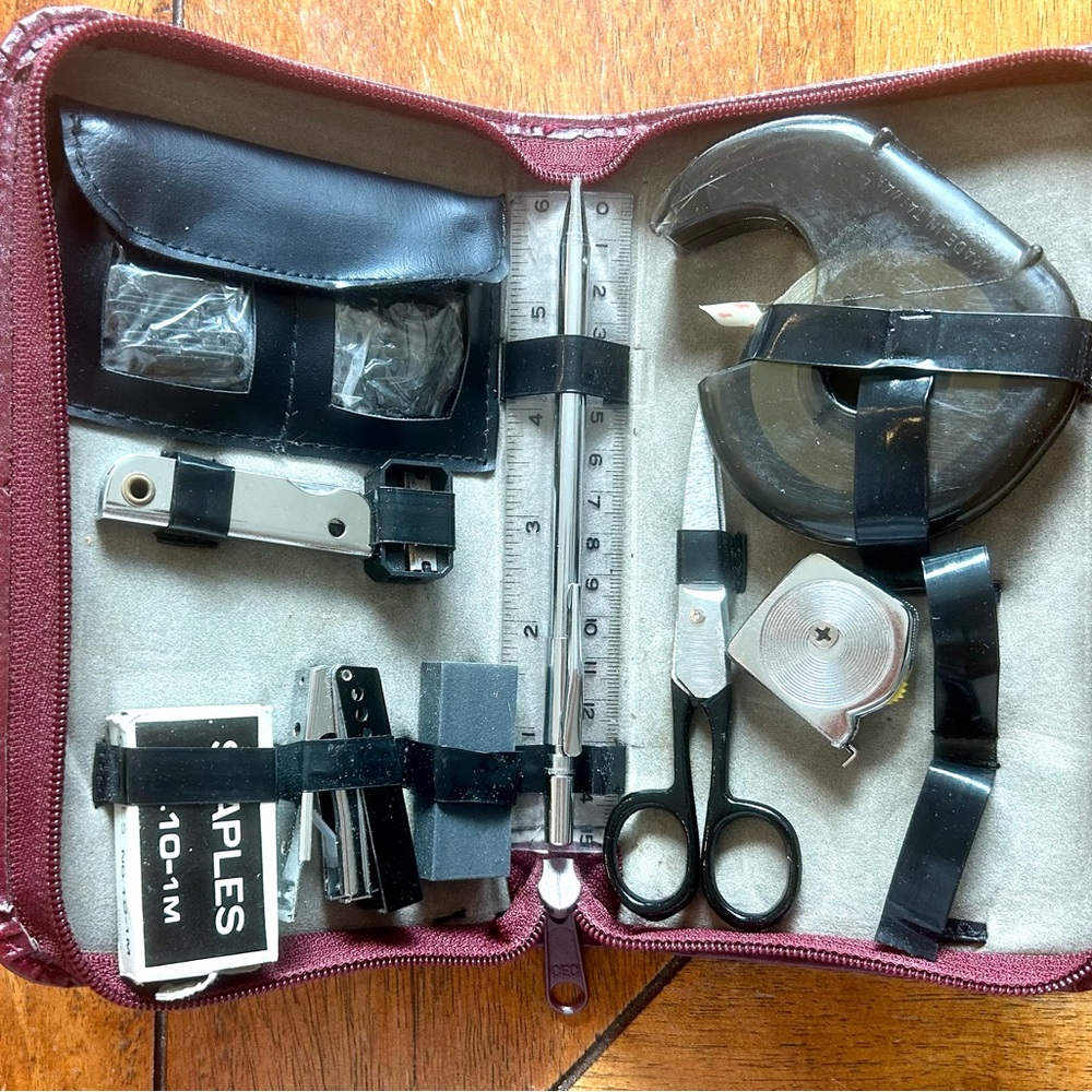 Vintage Mid Century Travel Office Supplies Kit In Burgundy Leather Case